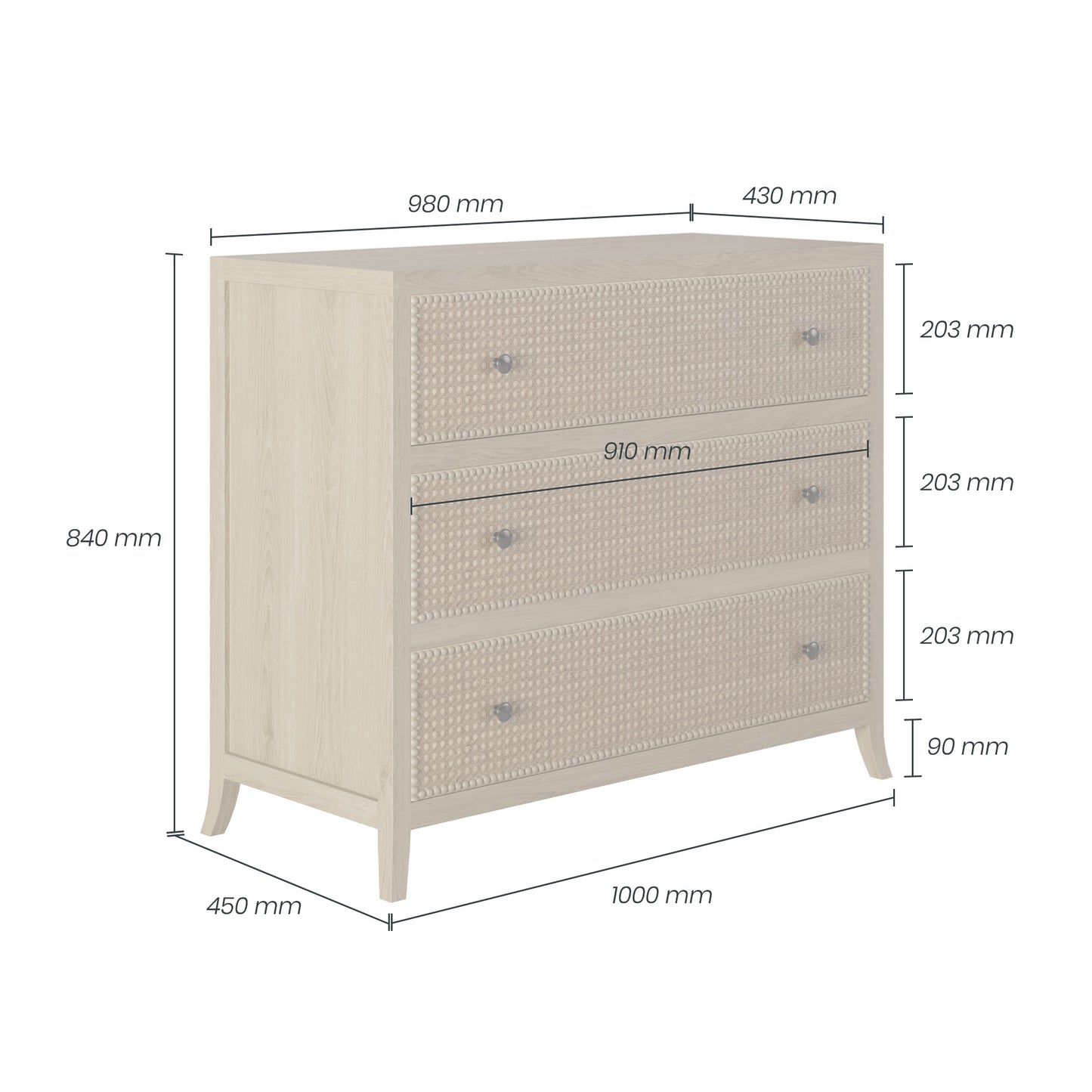 Trancoso Natural Oak Woven Cane 3 Drawer Chest