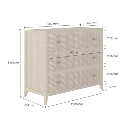 Trancoso Natural Oak Woven Cane 3 Drawer Chest