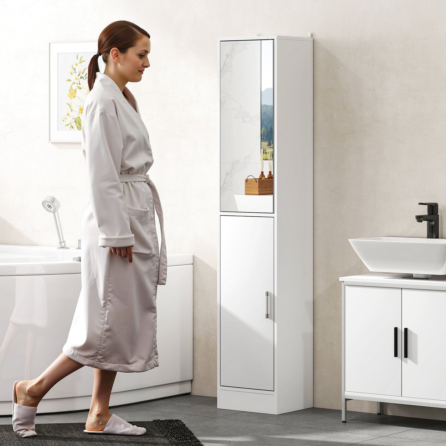 Lesa White Tall Bathroom Storage Cabinet With Mirror And Adjustable Shelves