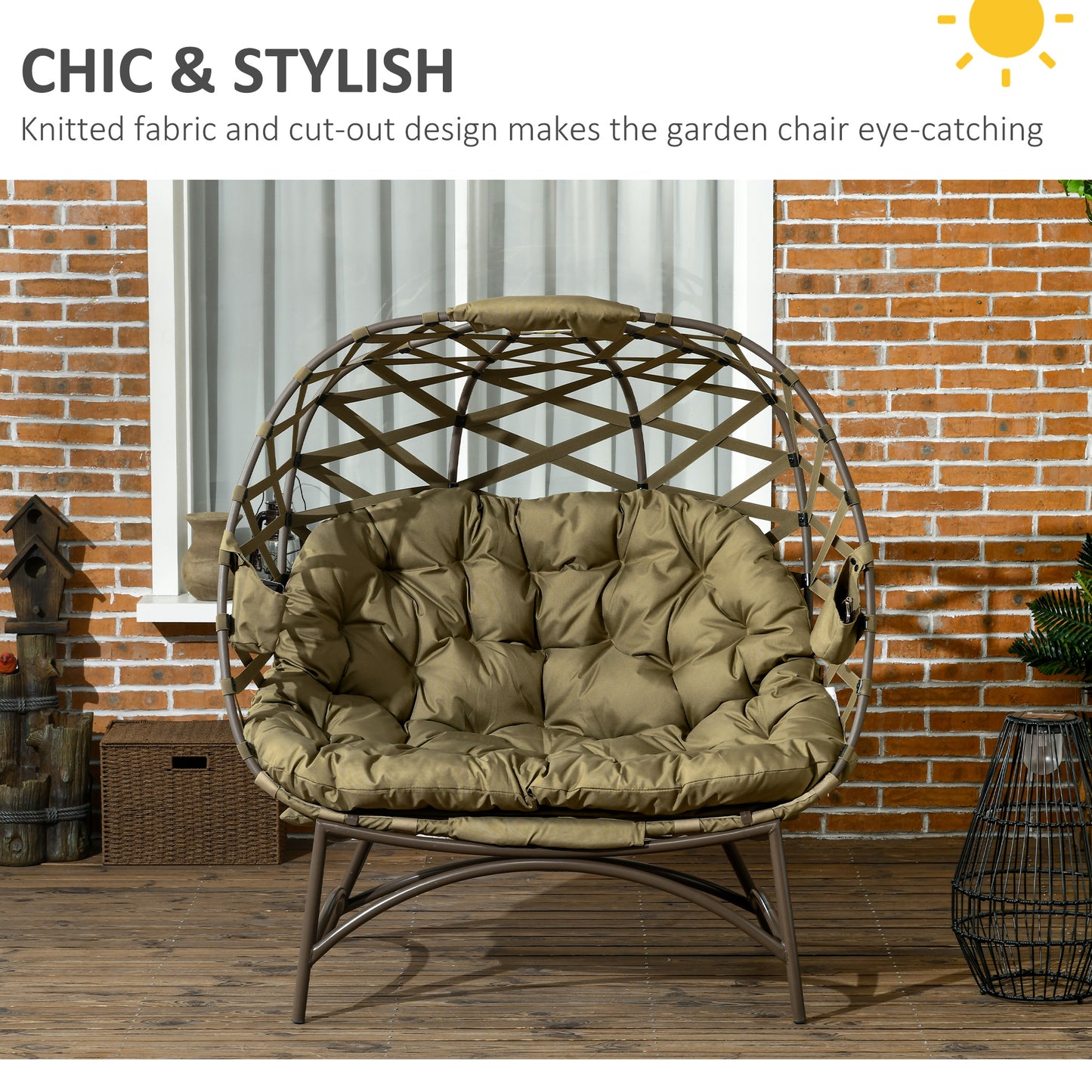 Vere Woven Rattan Khaki 2 Seater Folding Egg Chair With Cushions And Cup Holders