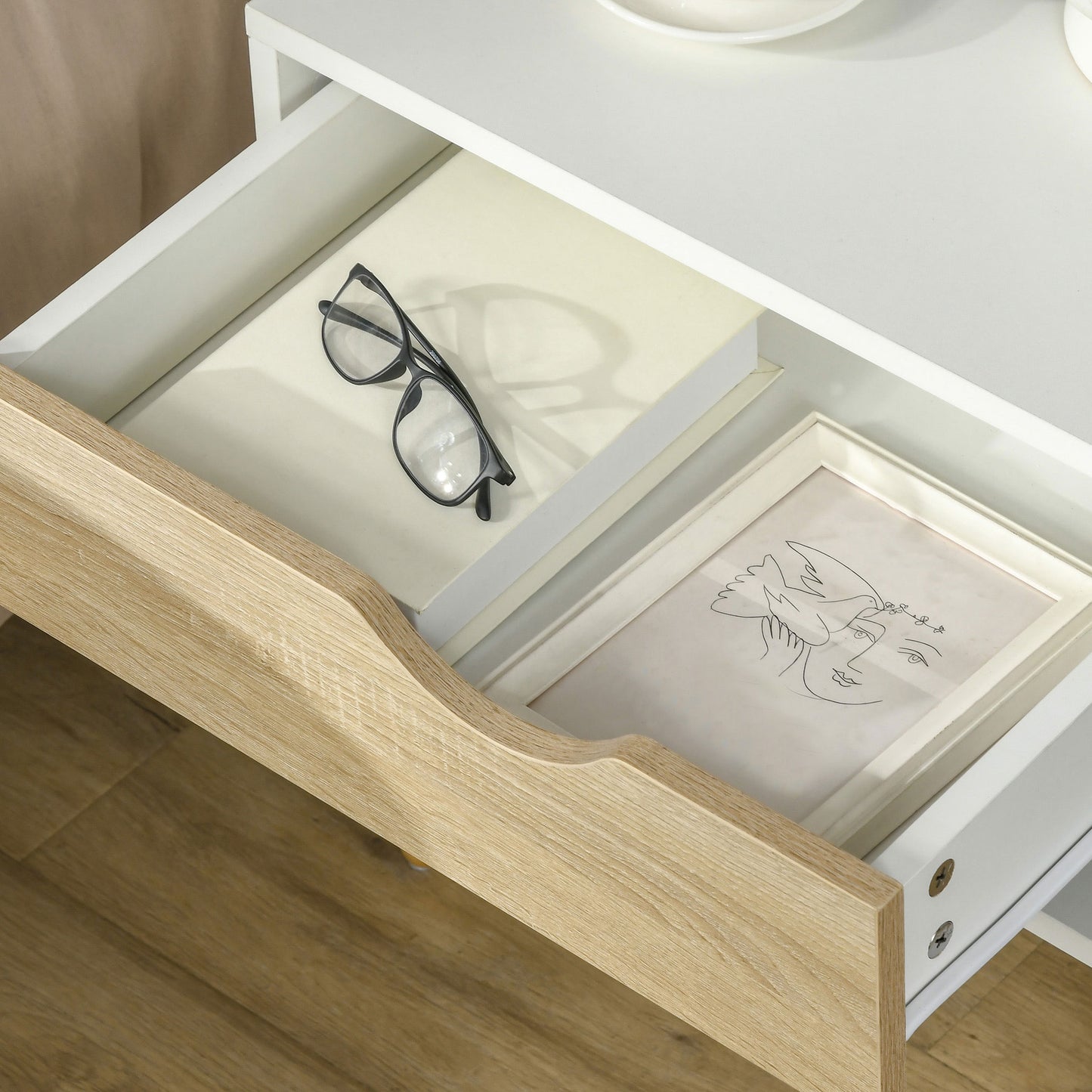 Leel Set Of 2 White and Natural Wood Bedside Tables With Drawer And Bottom Shelf
