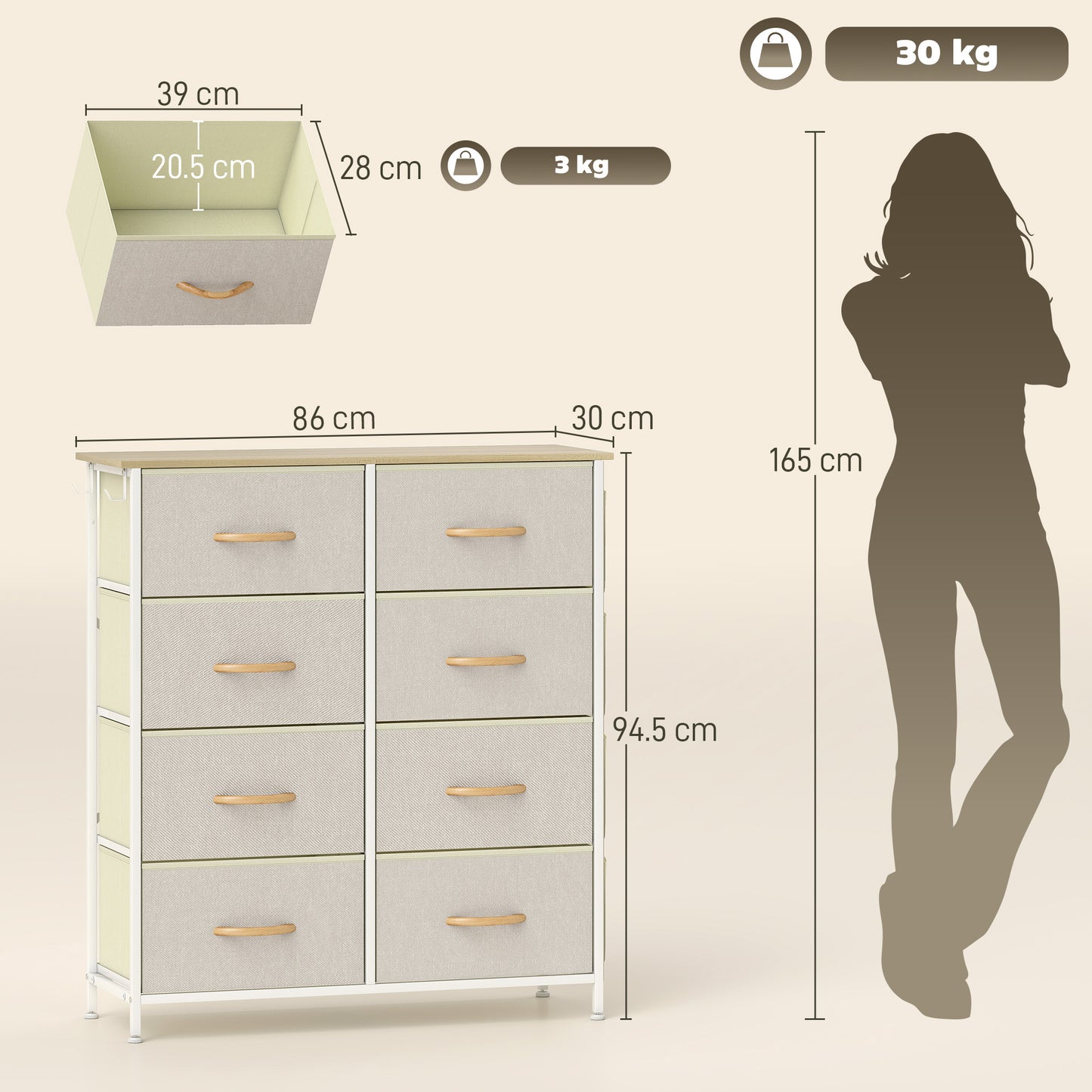 Docone Livi Fabric And Metal Beige 8 Drawer Storage Chest