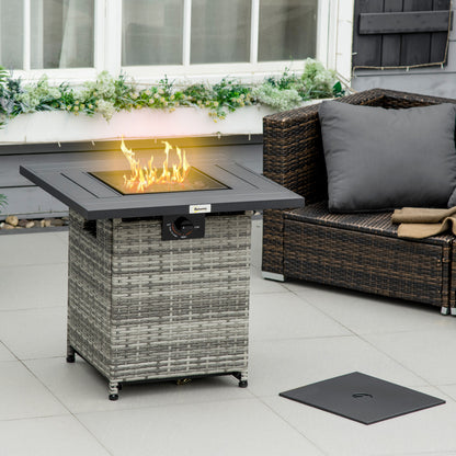 Rata Faux Rattan Grey Square Gas Fire Pit Table With Rain Cover Mesh Lid And Lava Stones