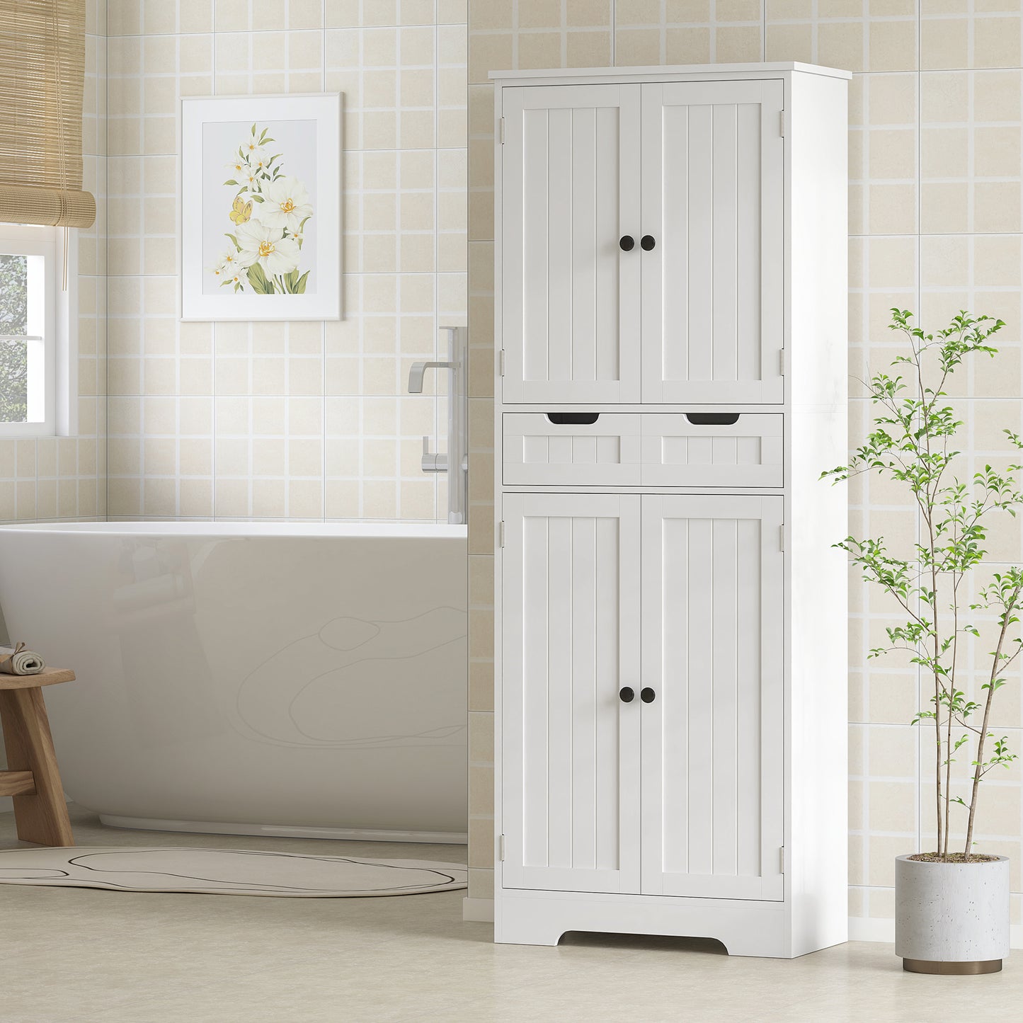 Lucola Tall Freestanding Bathroom Storage Cabinet In White
