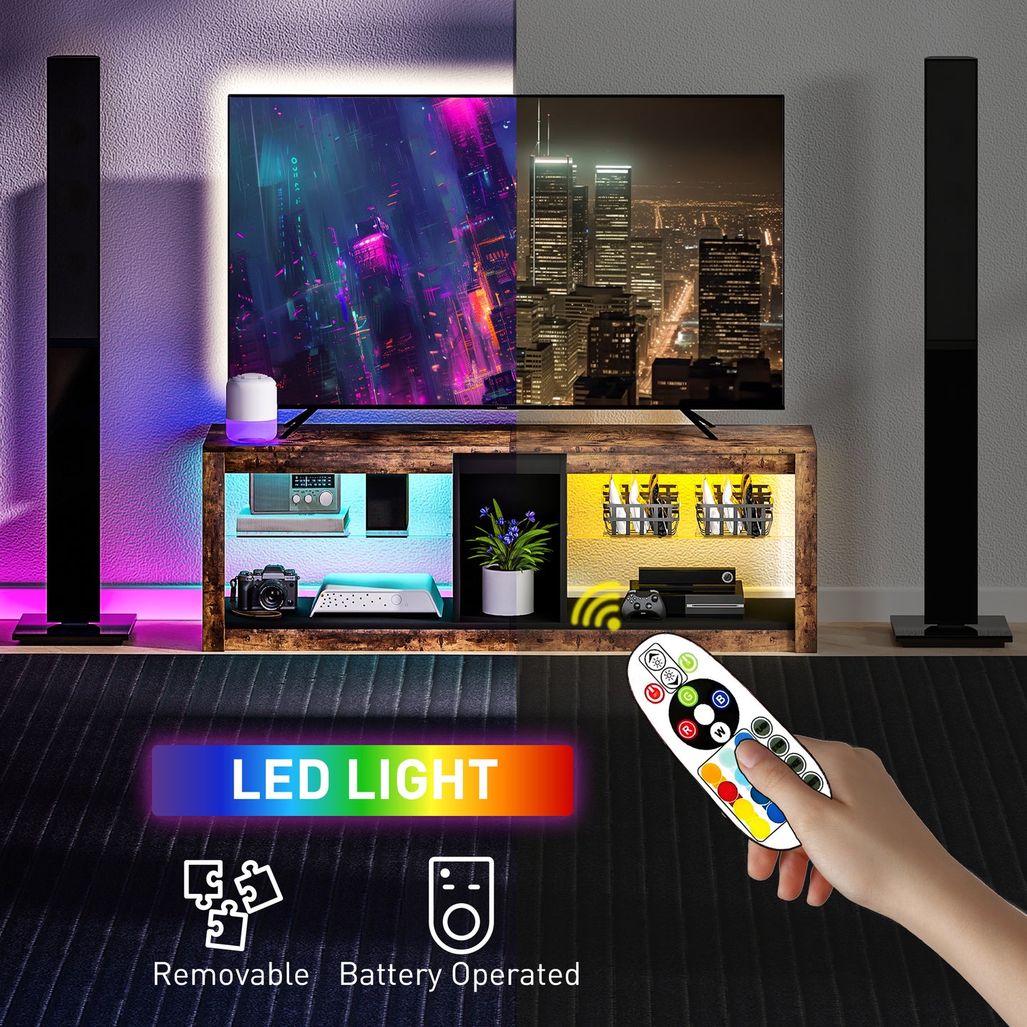 Kemido 140cm Rustic Brown Wooden TV Cabinet With LED Lighting Remote Control For Screens Up To 65 Inches
