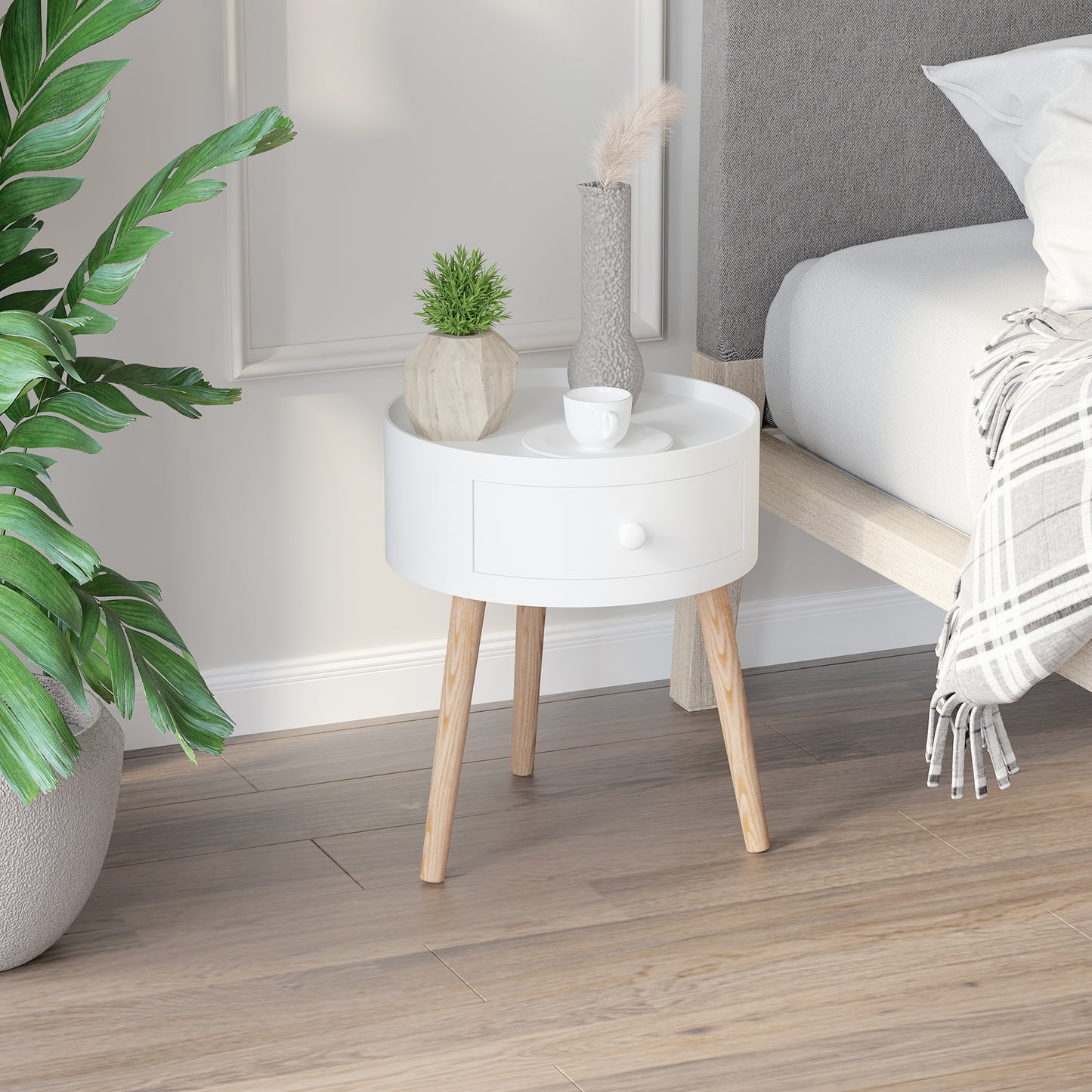 Taloso Wood White Round Bedside Table With Drawer And Natural Wooden Legs