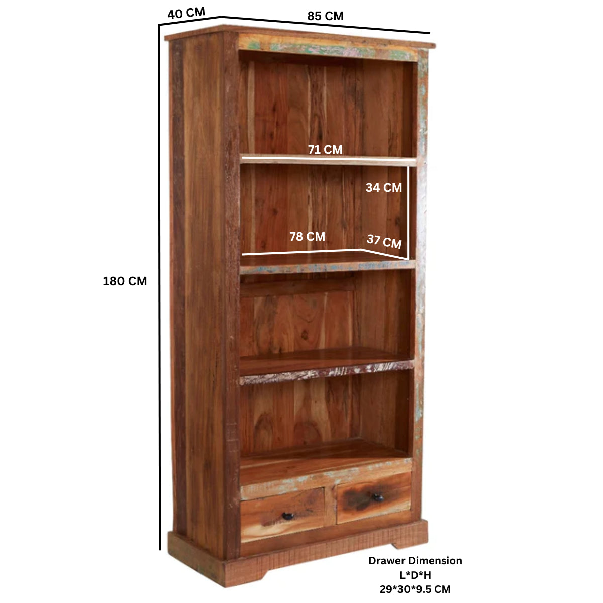 Seattle Reclaimed Wood Large Bookcase 4 Shelves 2 Drawers