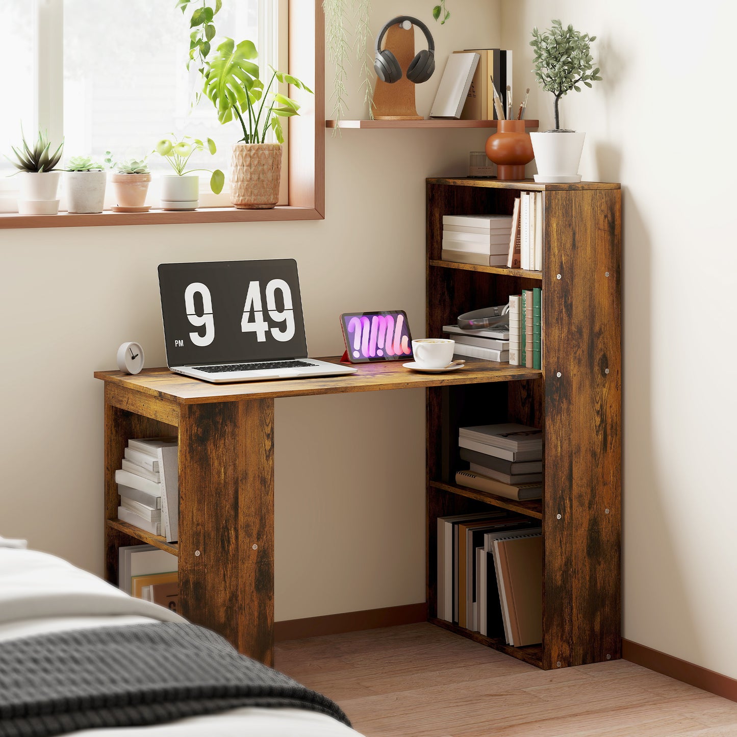 Nanono 120cm Wooden Rustic Brown 6 Tier Bookshelf Desk For Home Office