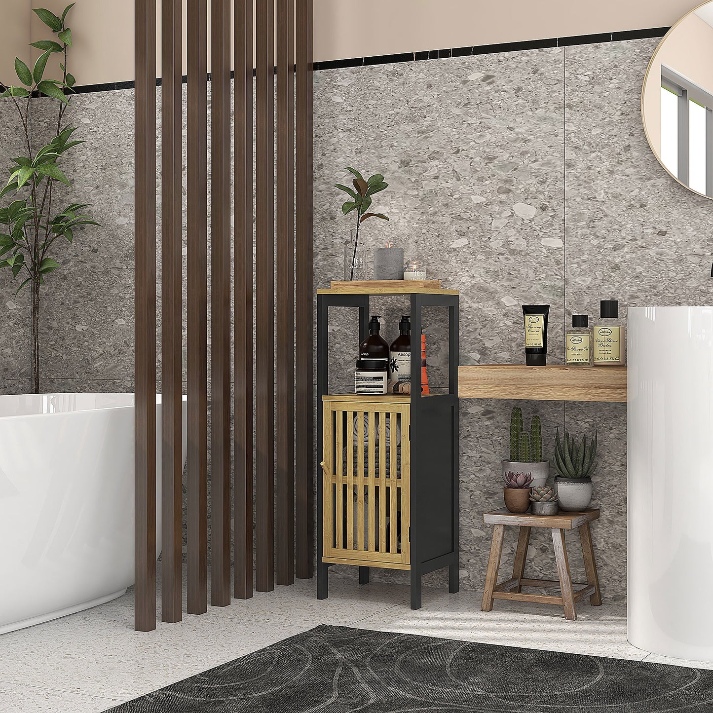 Lava Retro Bamboo Style Bathroom Storage Cabinet With Cut Out Detail