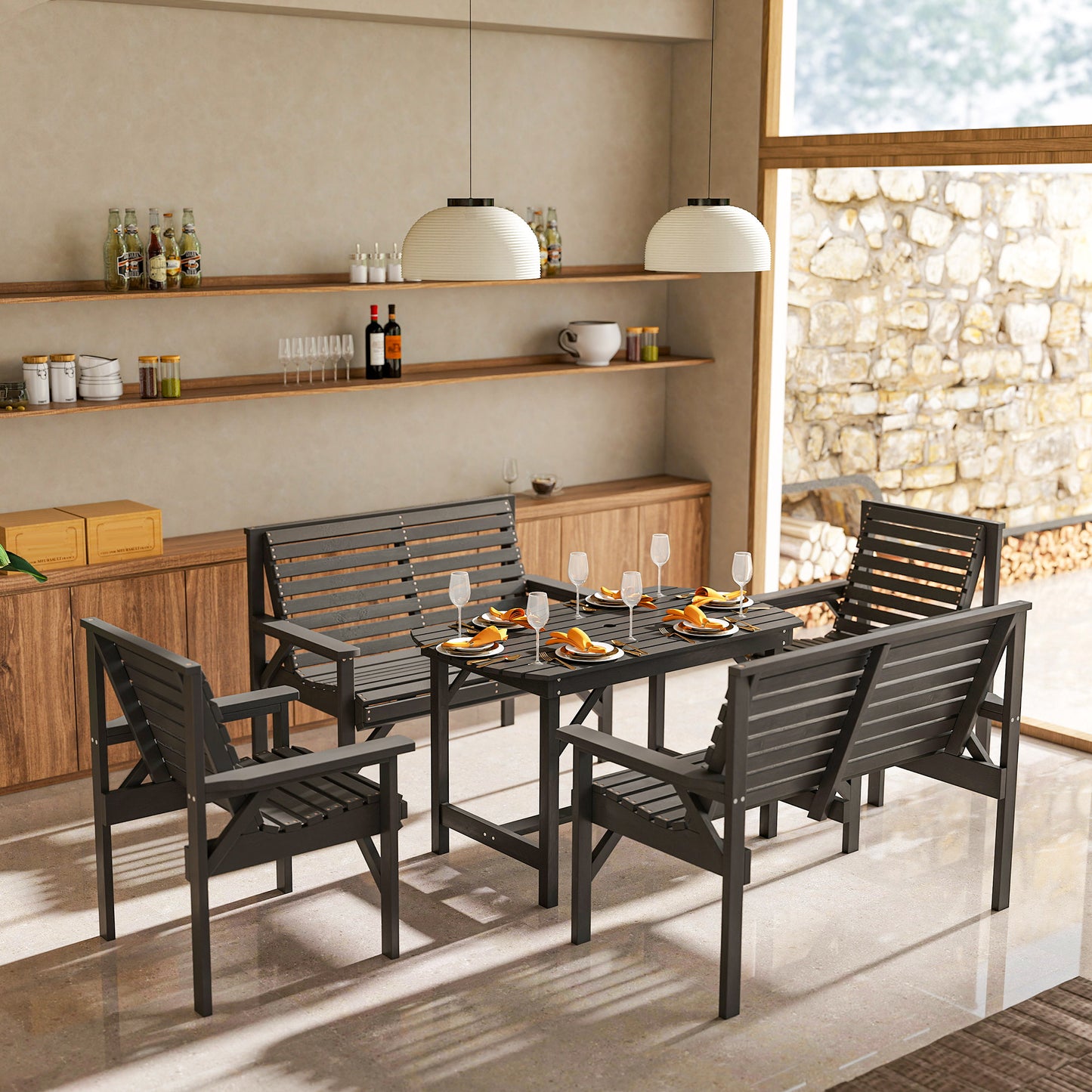 Masera 6 Seater Grey Wooden Outdoor Dining Set With Umbrella Hole Table