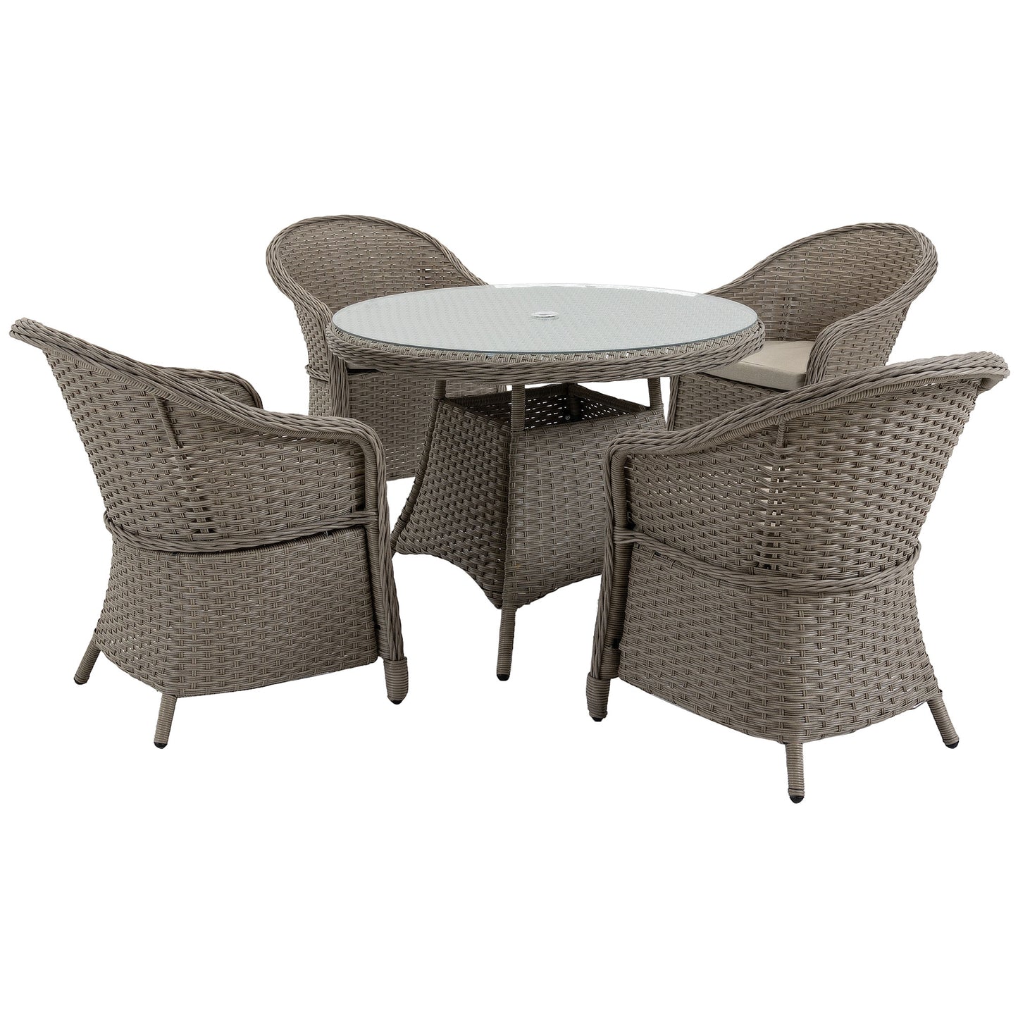 Vifi Rattan Grey 4 Seater Outdoor Dining Set With Glass Table And Cushions