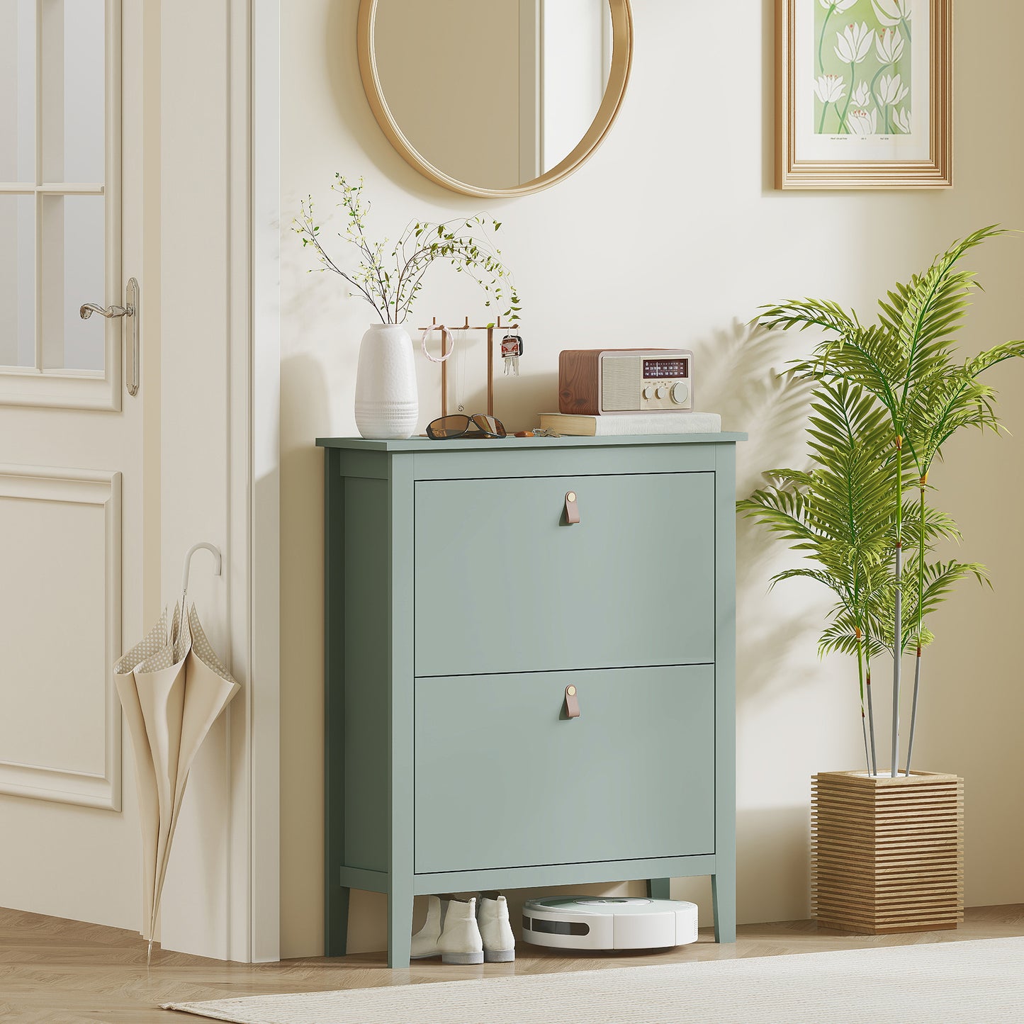 Sela Wooden Mint Green Modern 2 Drawer Shoe Cabinet  Faux Leather Handles