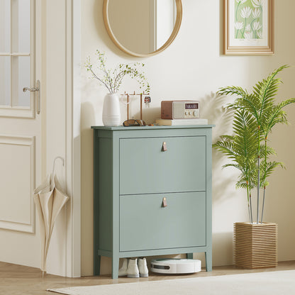 Sela Wooden Mint Green Modern 2 Drawer Shoe Cabinet  Faux Leather Handles