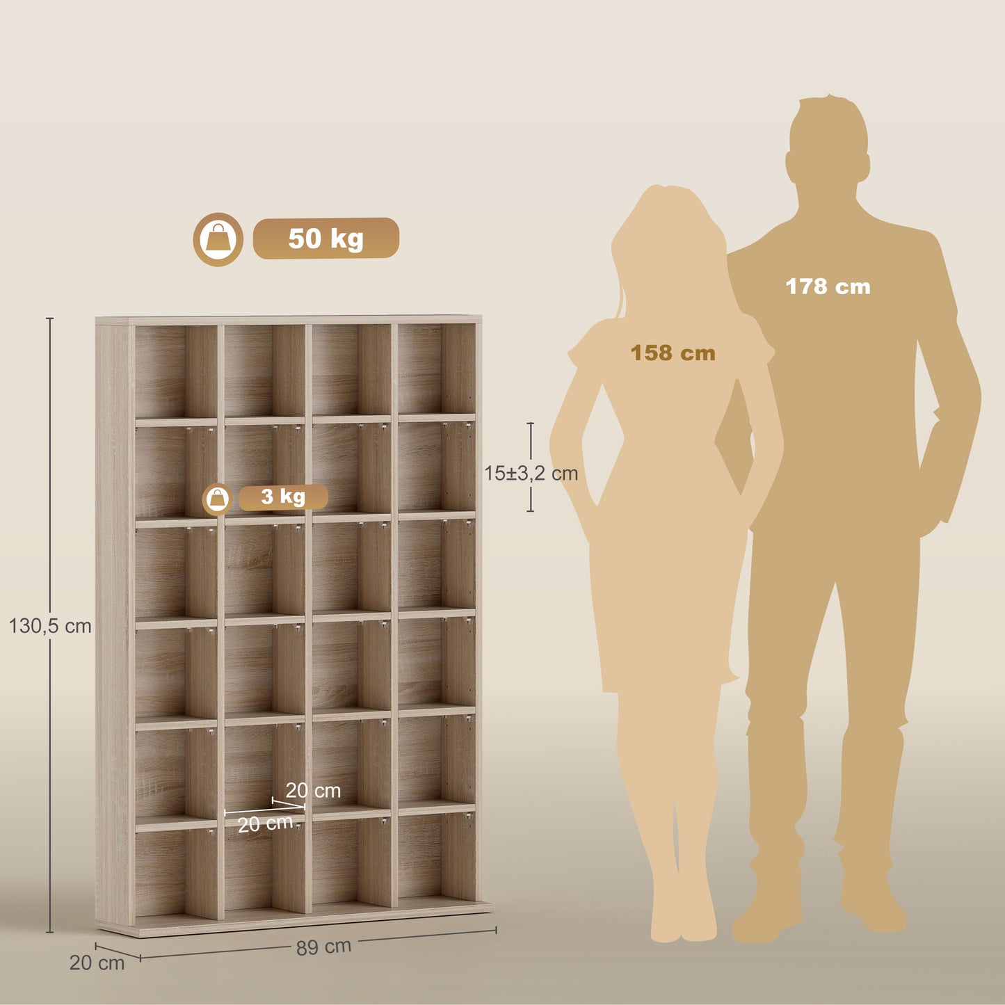 Sufato Wood Natural Finish Adjustable CD Storage Cabinet 89 x 130.5 cm