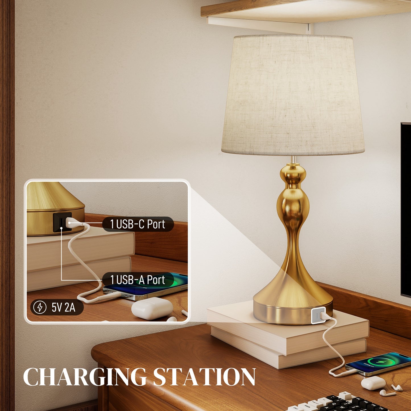 Rino Metal Gold Tone Set Of 2 Bedside Lamps With USB Charging Ports Linen Shades And 3 Colour Light