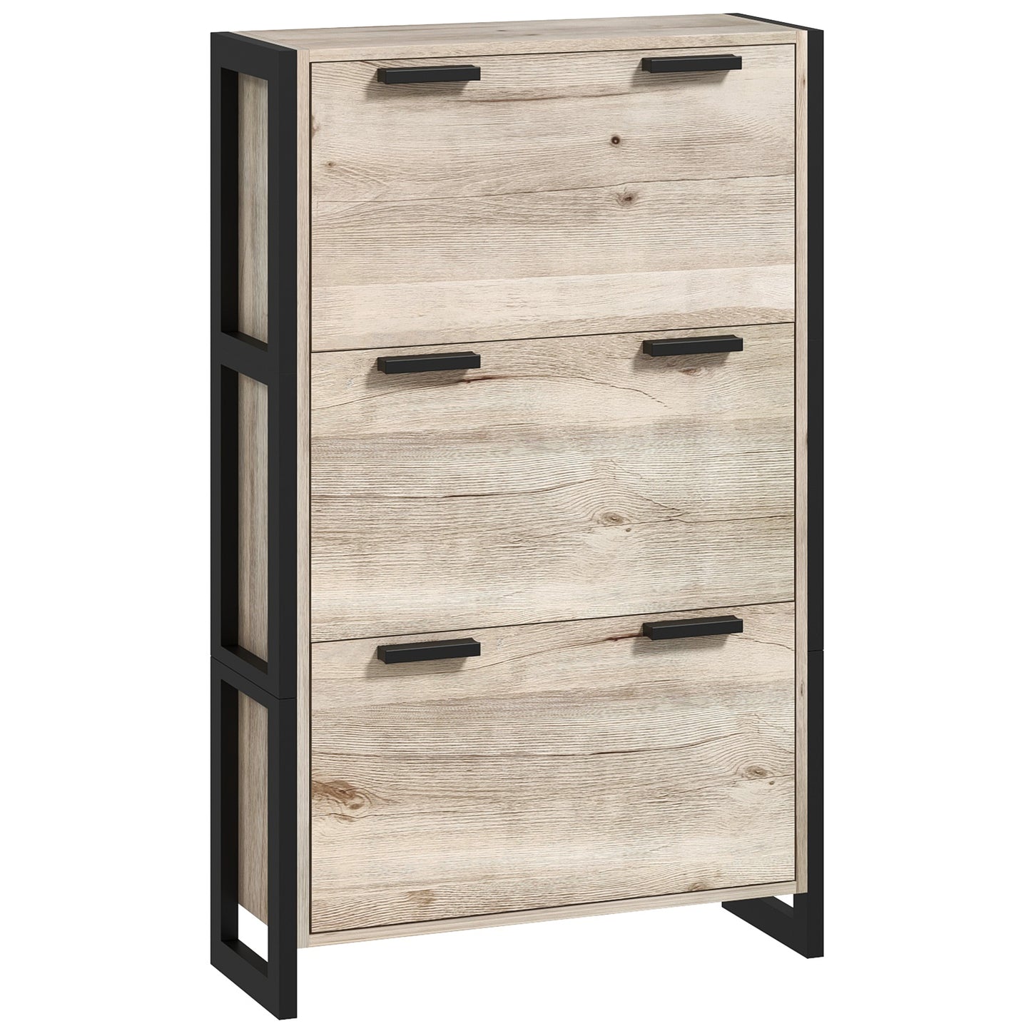 Tona Wooden Natural Wood Effect Slim Shoe Cabinet With 3 Flip Drawers For 18 Pairs
