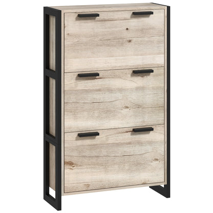Tona Wooden Natural Wood Effect Slim Shoe Cabinet With 3 Flip Drawers For 18 Pairs
