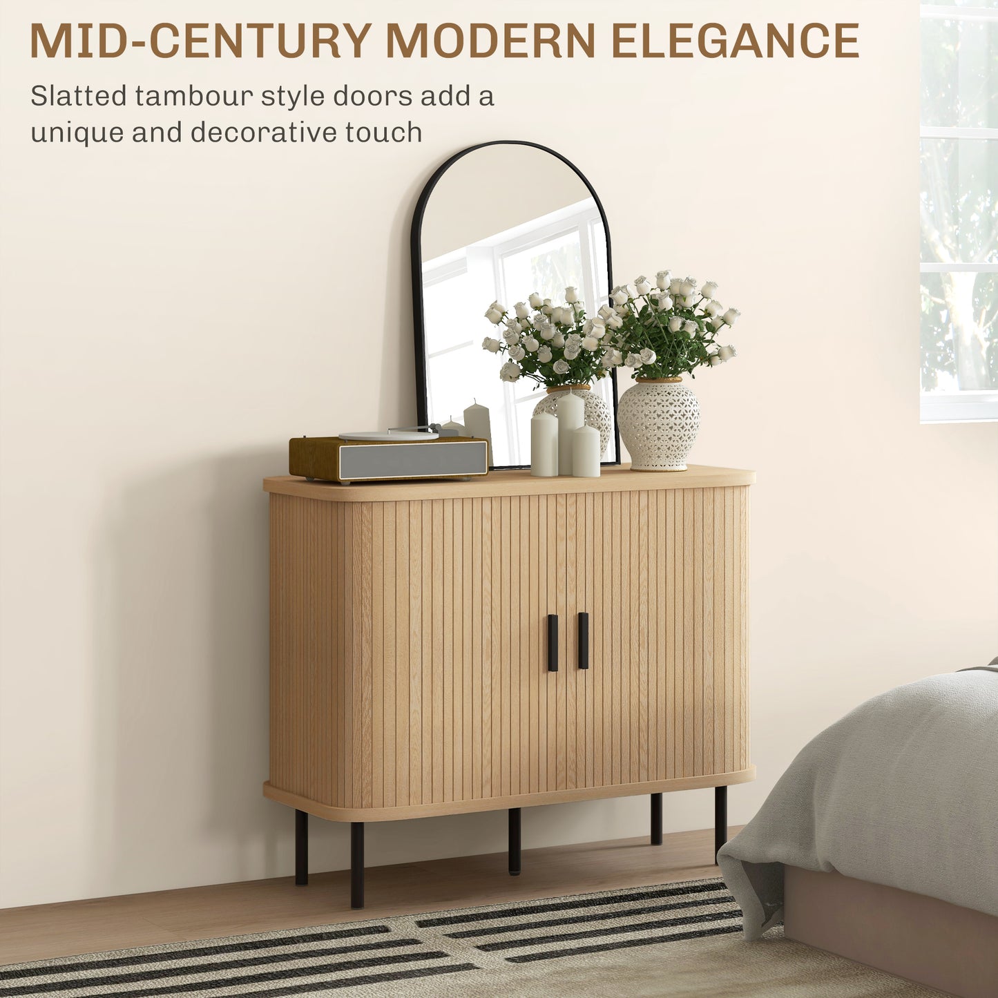 Ronoke Natural Oak Effect Mid Century Sideboard Slatted Sliding Doors Black Metal Legs