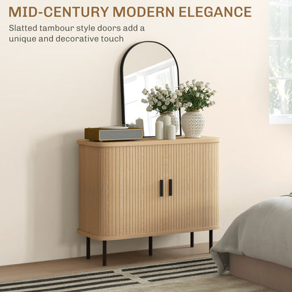 Ronoke Natural Oak Effect Mid Century Sideboard Slatted Sliding Doors Black Metal Legs