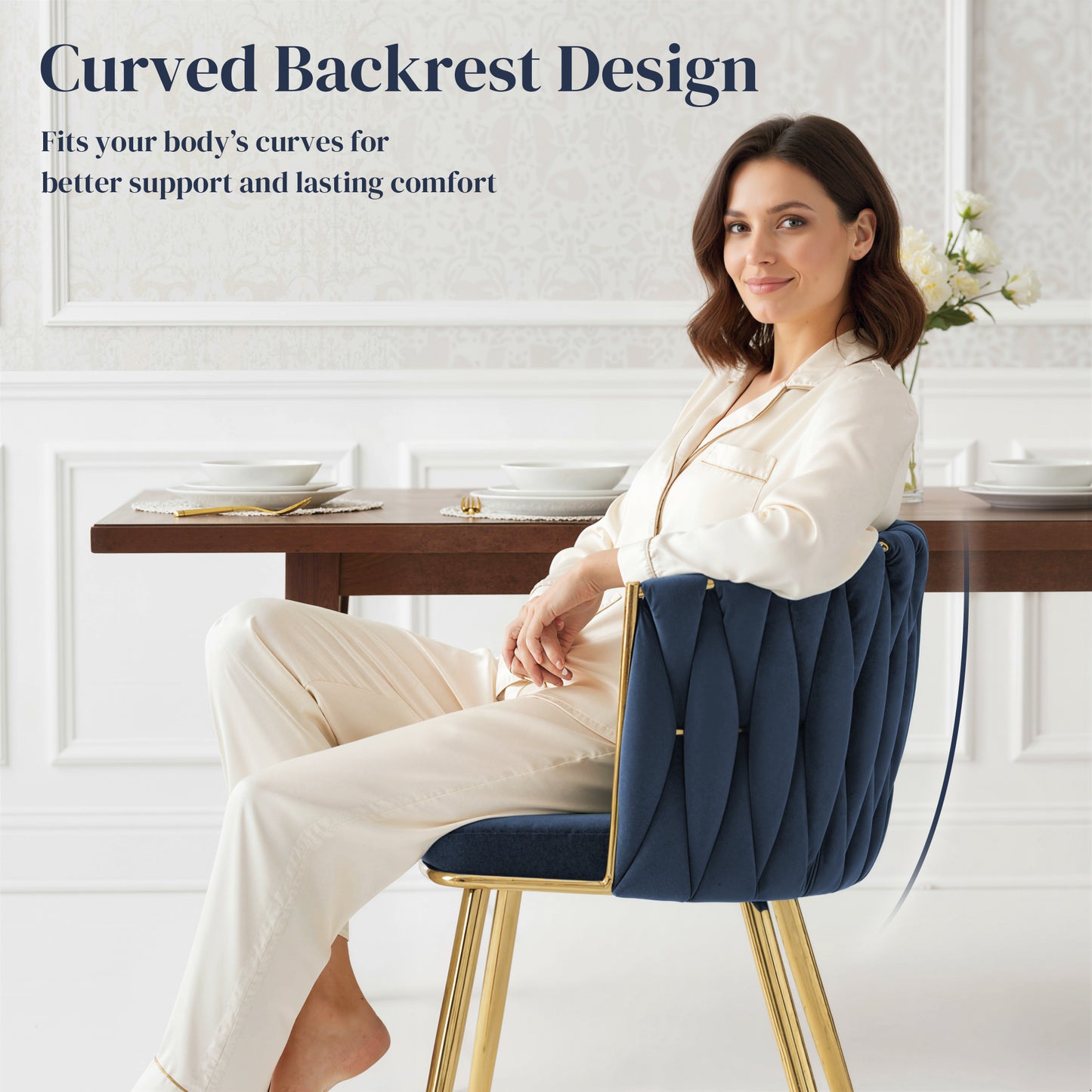 Sosura Set Of 2 Dark Blue Velvet Upholstered Dining Chairs With Woven Back And Arms