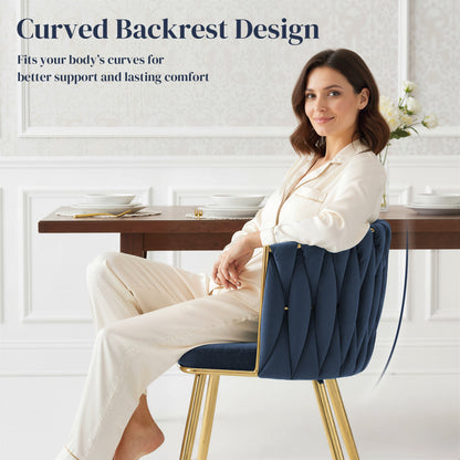 Sosura Set Of 2 Dark Blue Velvet Upholstered Dining Chairs With Woven Back And Arms