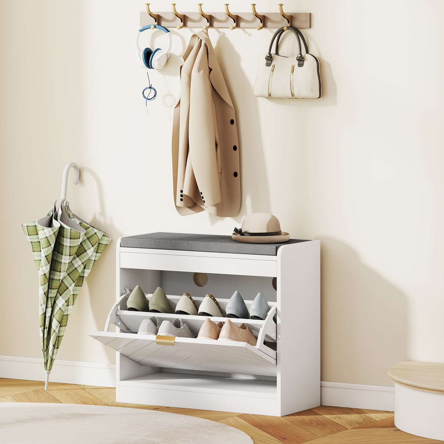 Baniri White Wood and Grey Upholstered Entryway Shoe Bench With Flip Drawer