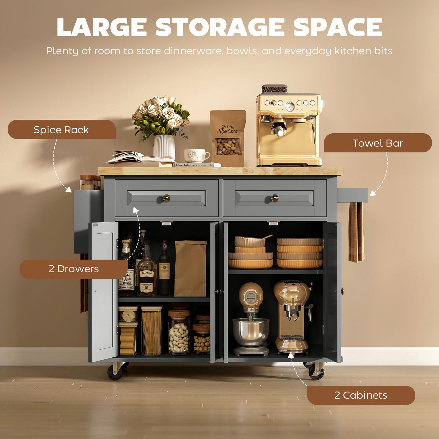 Lenevi Wooden Grey and Natural Rolling Kitchen Island With Drawers And Storage
