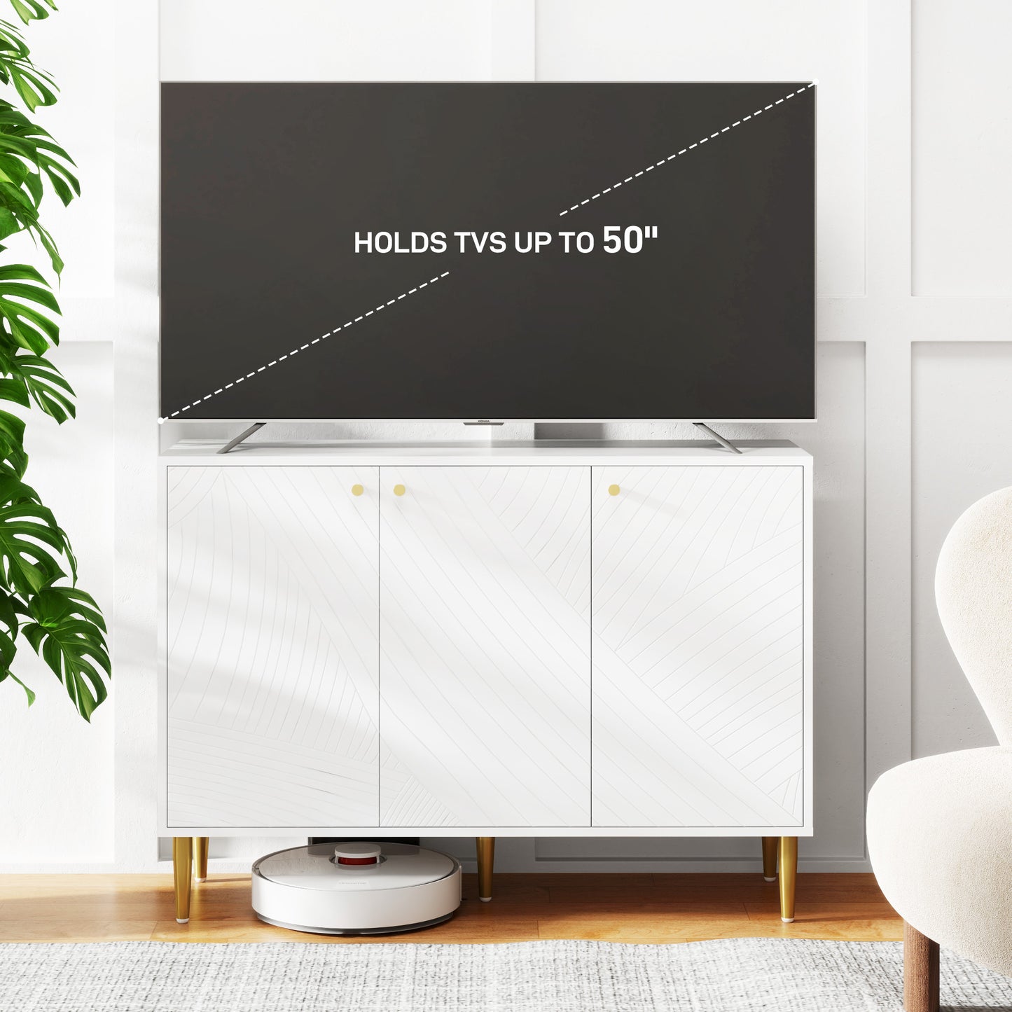 Rasuno Ledi White And Gold Tone 2 Cupboard with Scandi Line Pattern