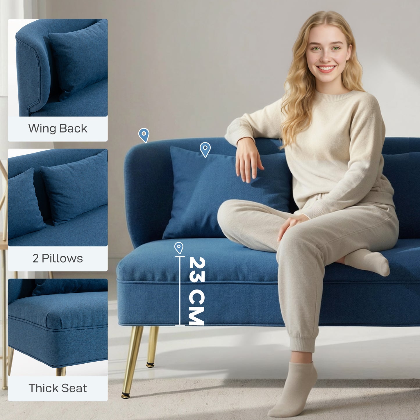 Taco Linen Look Dark Blue 2 Seater Sofa With Wingback Design And Metal Legs