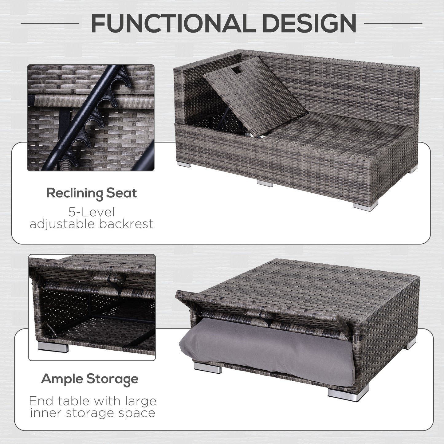 Sevafa Rattan Grey L Shaped Outdoor Corner Sofa And Coffee Table Set With Cushions