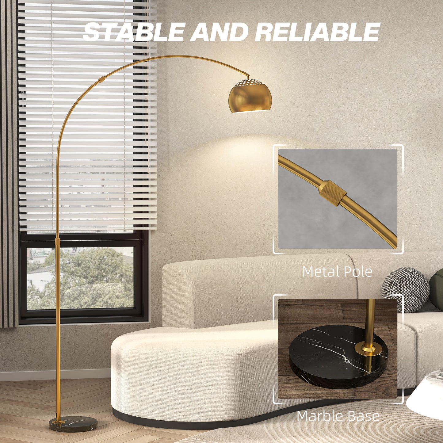 Ketota Gold Metal And Black Marble Arc Bell Floor Lamp With Adjustable Shade