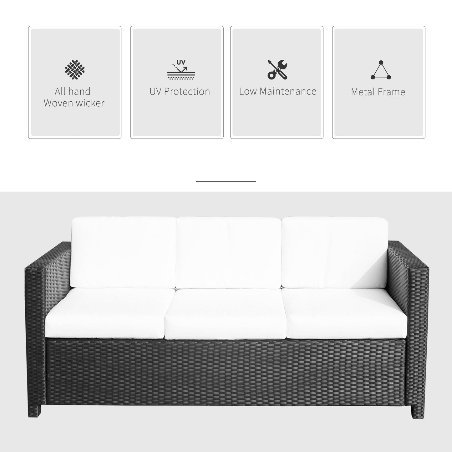 Sudori Black Rattan 3 Seater Outdoor Sofa With White Cushions