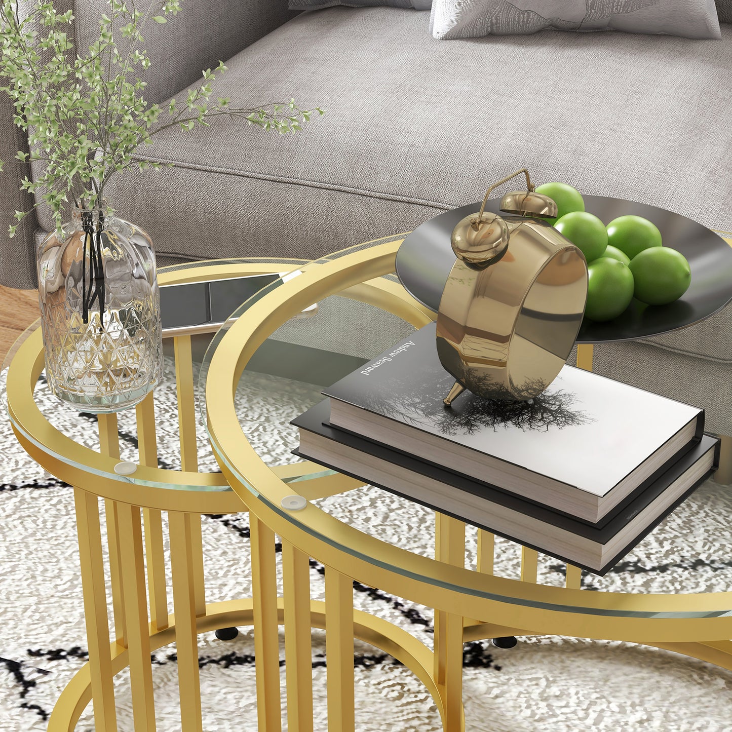 Livi Metal Gold And Glass Set Of 2 Stripe Round Nesting Coffee Tables