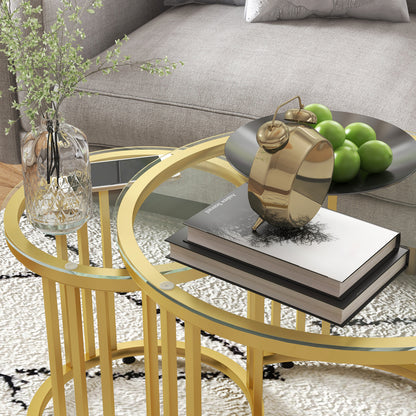 Livi Metal Gold And Glass Set Of 2 Stripe Round Nesting Coffee Tables