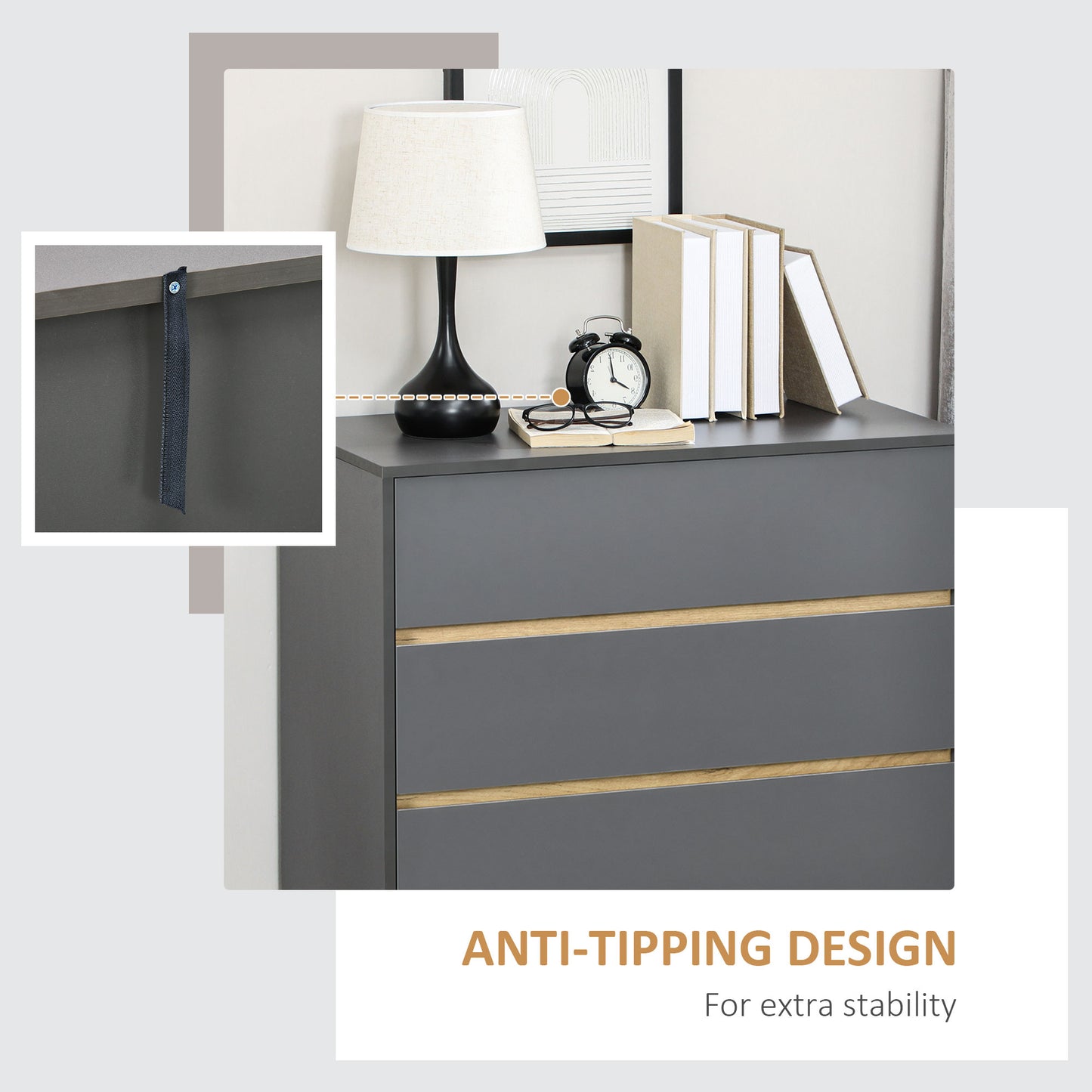 Vetasu Natural and Grey 3 Drawer Storage Chest with Wooden Angled Legs