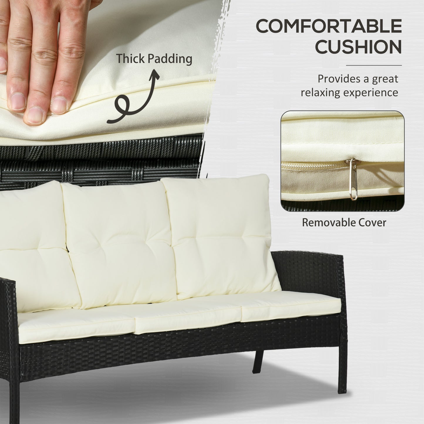 Coma 7 Seater Black and White Rattan Garden Sofa Set With Armchairs Footstools And Glass Dining Table