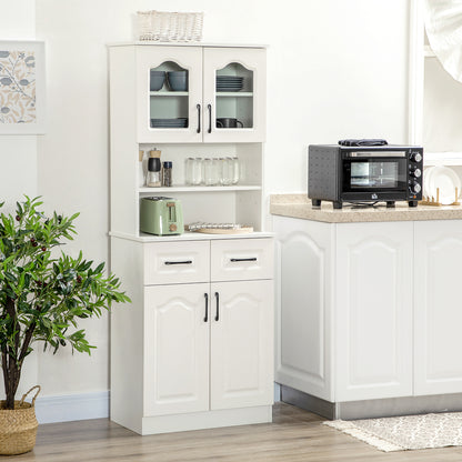 Reluta Tafa Wooden White Tall Kitchen Cupboard With Adjustable Shelves Drawers And OFauxn Counter 168 cm