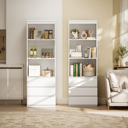 Seso Wood White Tall Bookcase With Shelves And Integrated Drawers 180 cm