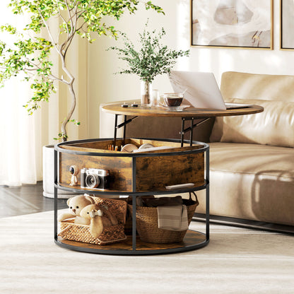 Renata Metal And Wooden Brown Round Lift Top Coffee Table With Hidden Storage