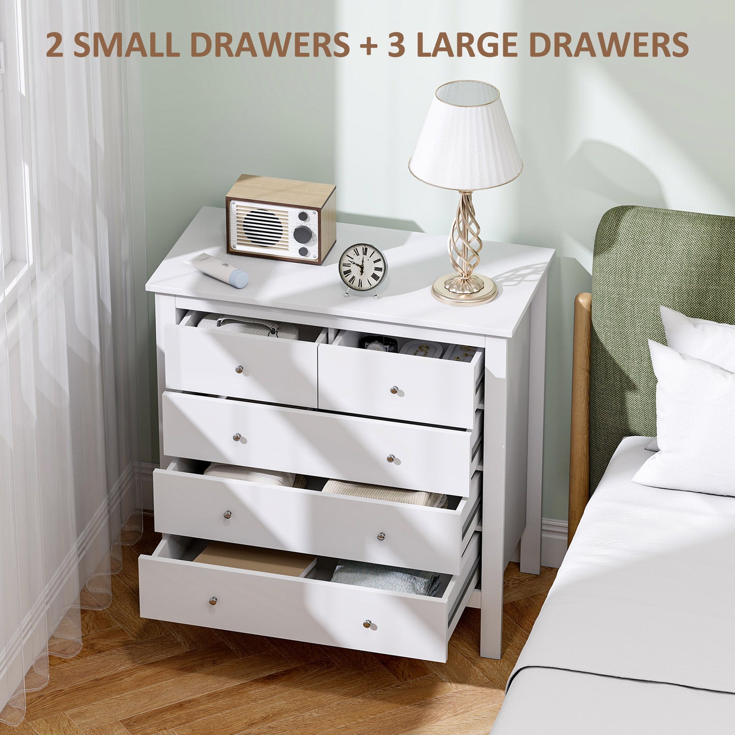 Kesumo Wooden White Wide 5 Drawer Chest For Bedroom Storage
