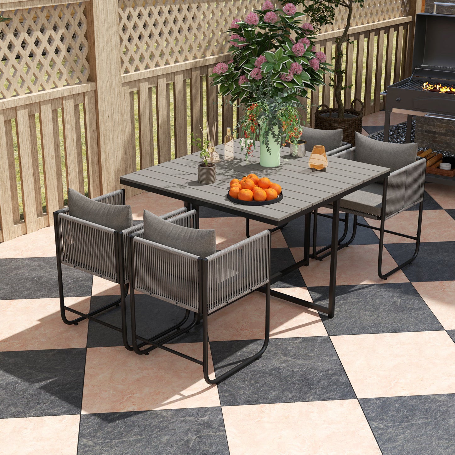 Donino Rattan Grey 4 Seater Cube Garden Dining Set With Cushions And Rectangular Wood Effect Table