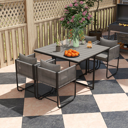 Donino Rattan Grey 4 Seater Cube Garden Dining Set With Cushions And Rectangular Wood Effect Table