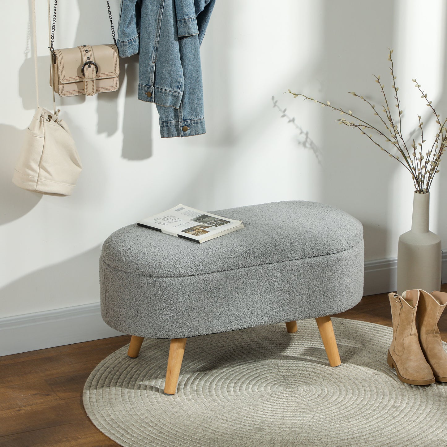 Mael Boucle Light Grey Storage Ottoman Teddy Fleece Natural Wooden Legs