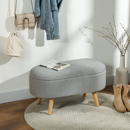 Mael Boucle Light Grey Storage Ottoman Teddy Fleece Natural Wooden Legs