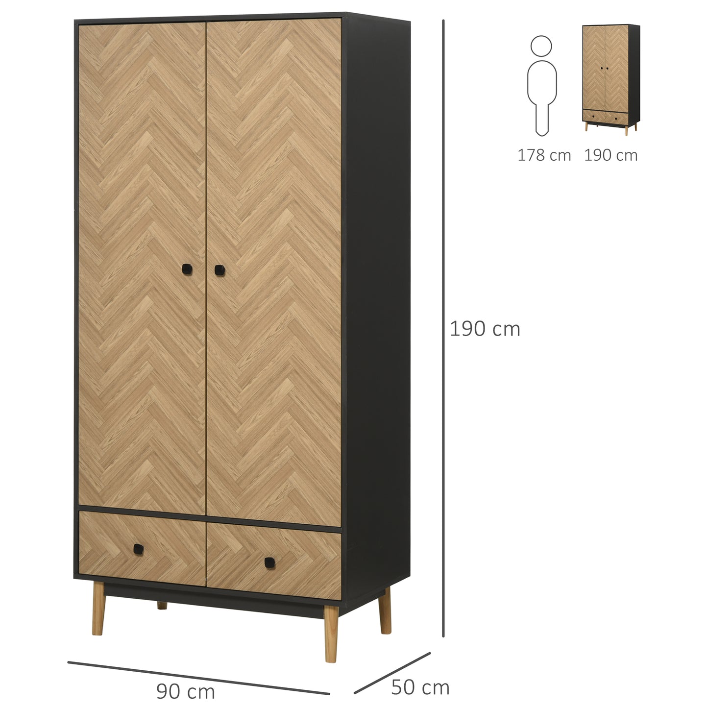 Belavyn Black and Natural Chevron Wardrobe With Hanging Rod Top Shelves And 2 Drawers