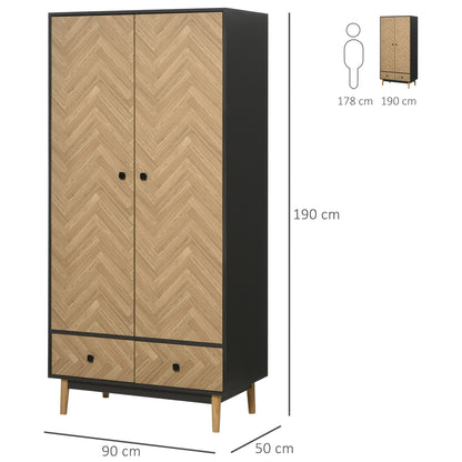 Belavyn Black and Natural Chevron Wardrobe With Hanging Rod Top Shelves And 2 Drawers