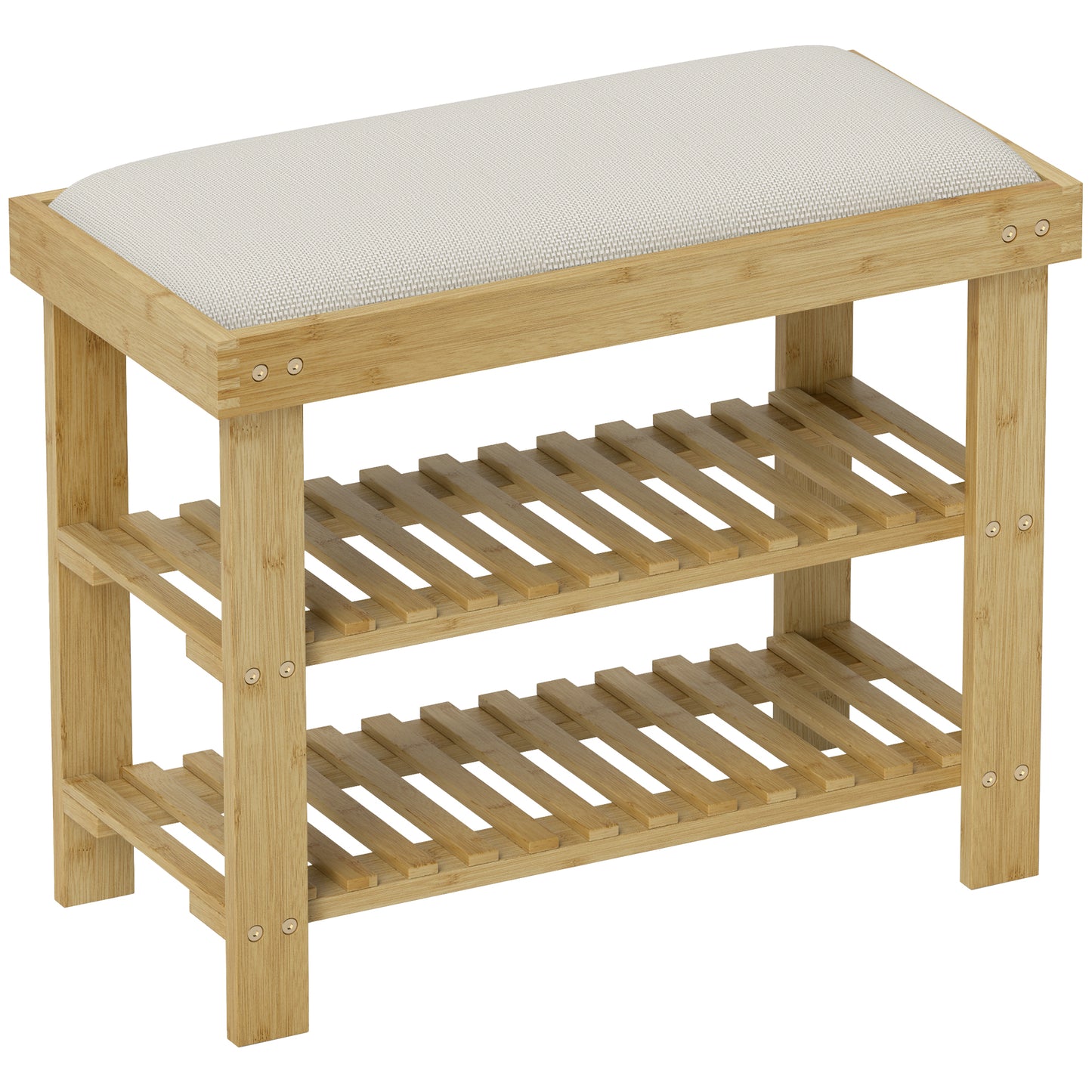 Fisuso 60cm Bamboo Cream White 3 Tier Shoe Bench With Cushioned Seat