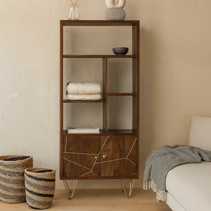 Bandung Dark Mango Wood and Gold Large Bookcase 2 Door 5 Shelves