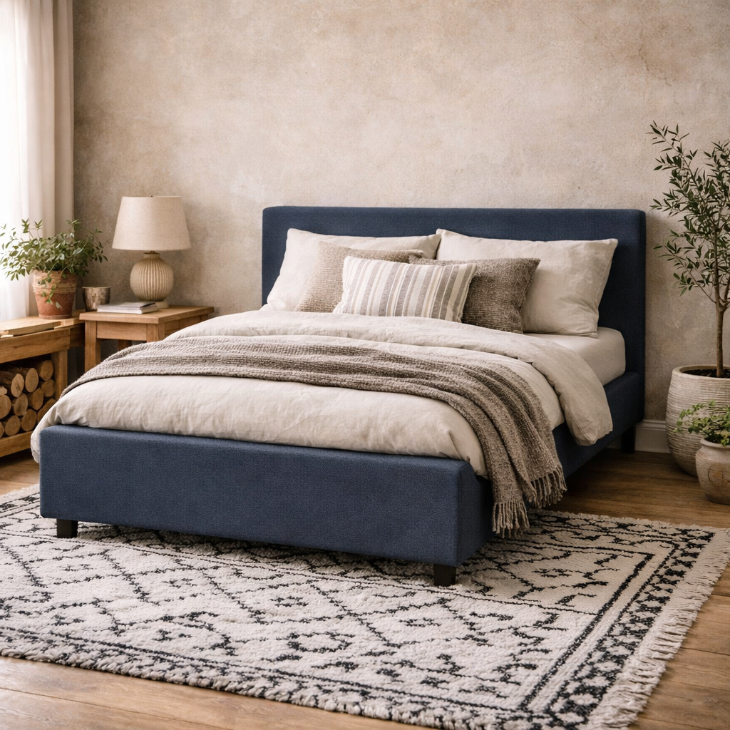 Portarlington Upholstered Navy Blue Twill 4ft6 Double Size Bed with Headboard