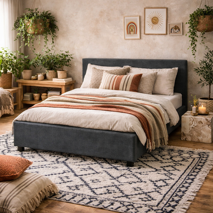 Portarlington Upholstered Dark Grey Twill 4ft6 Double Size Bed with Headboard